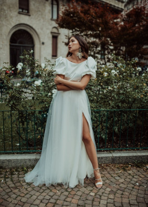 Short Sleeves Ivory Satin Tulle Slit Wedding Dress